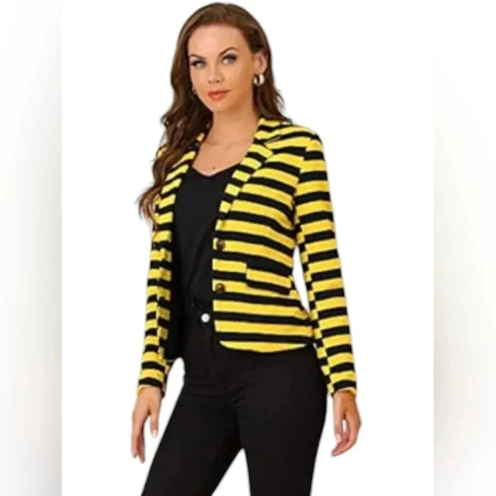 Allegra K Blazer Long Sleeve Yellow/Black Striped Size Large